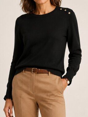 J.Crew Black Crystal Shoulder Ruffle-Cuff Cotton Sweater Capsule Size M